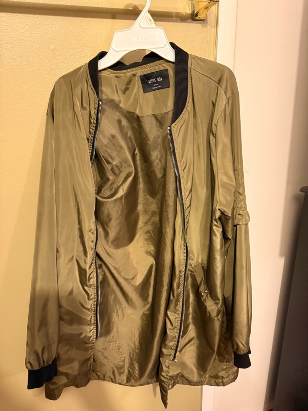 Forever 21 Olive Green Satin Bomber Jacket with Black Trim